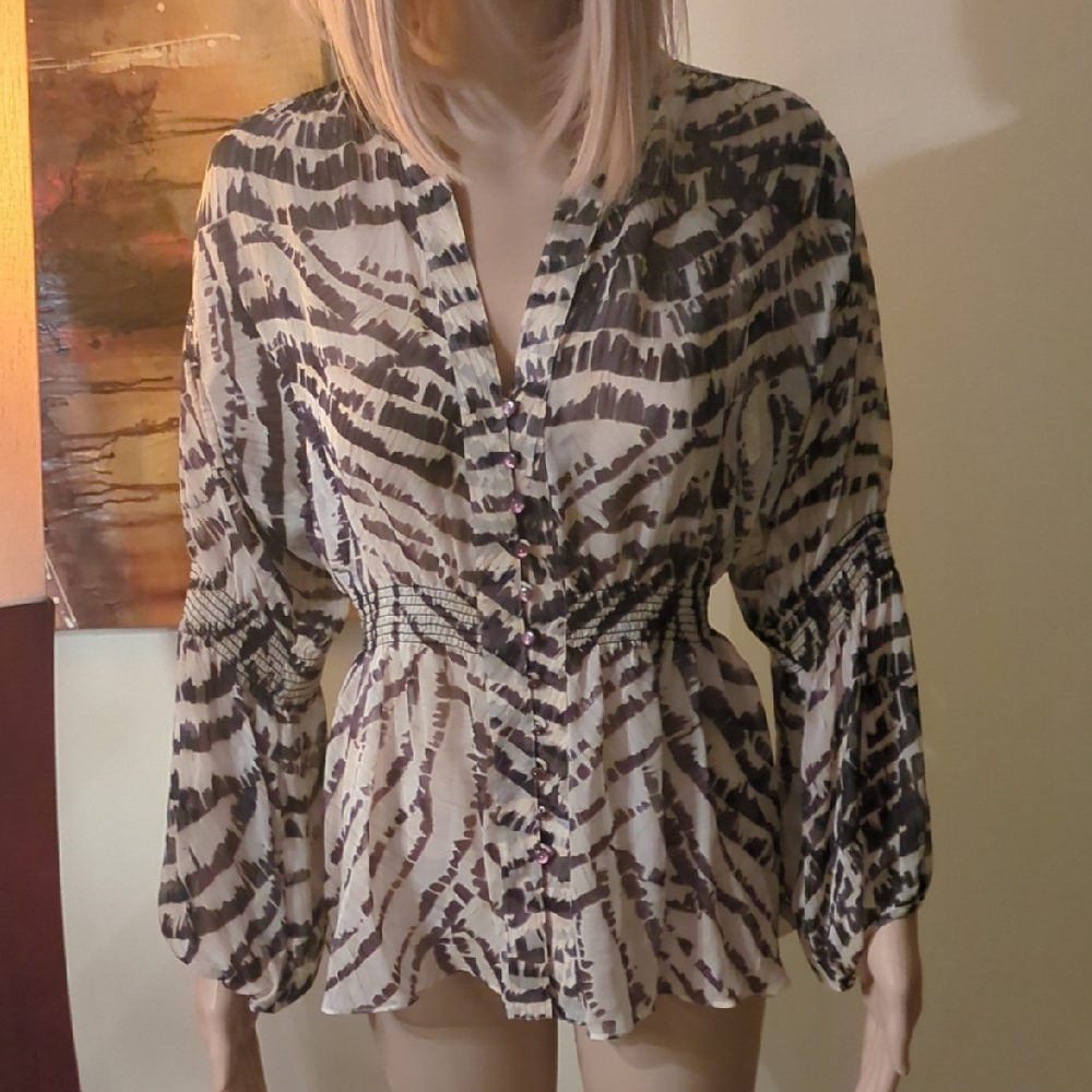 Diane Von Furstenberg Brown and Beige Printed Smocked-Waist Blouse